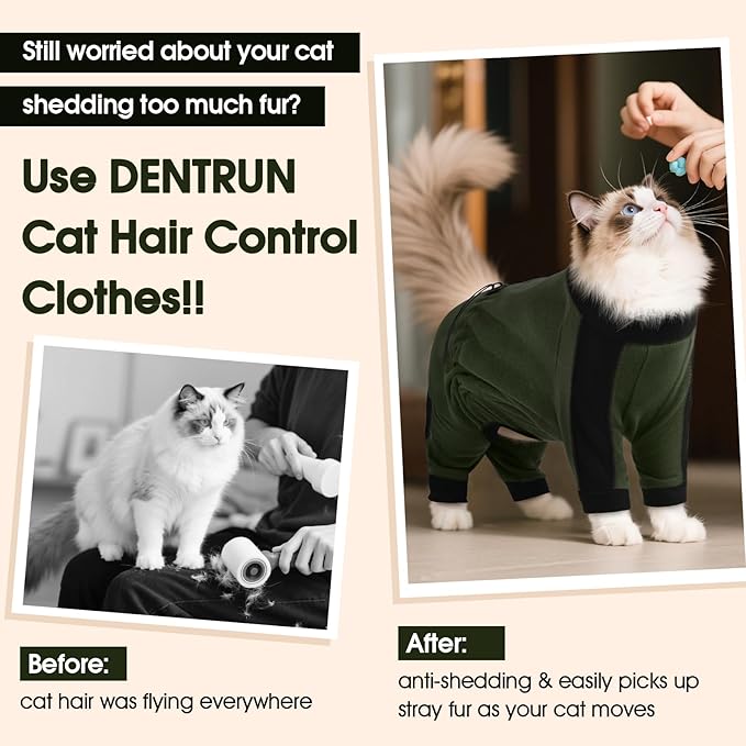 DENTRUN Cat Clothes with Anti-Shedding Fabric - Soft Recovery Suit & Breathable Lint-Resistant Cat Sweater for Wound Care & Hair Control, Kitten Onesie Pajamas, S, Army Green