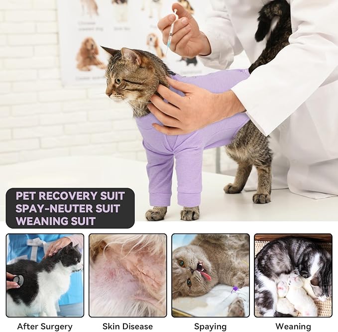 Cat Onesie for Cats After Surgery Male Female, Breathable & Soft Fabric Cats Spay Recovery Suit, Cone Alternative Surgical Suit with Leg Sleeves to Stop Licking, Cat Wound Care Shirt Wear(Purple, M)
