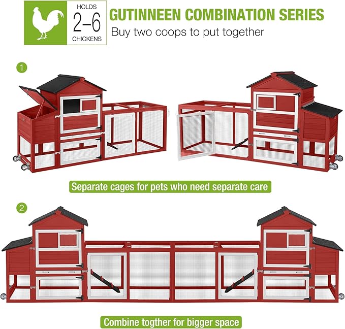GUTINNEEN Chicken Coop Mobile Chicken House with Wheels Expandable Wooden Hen House 80.7" Outdoor Rabbit Hutch Movable with Large Nesting Box for 2-4 Chickens (Red)