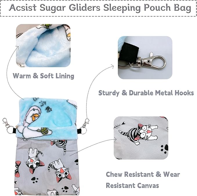 Sugar Gliders Sleeping Pouch Bag Hamster Cotton Hanging Flannel Warm Bed Hideout with Hooks Glove Small Pet Nest Bed for Rat Squirrel Hedgehog,Silver