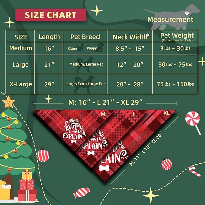 Christmas Dog Bandanas Funny Holiday Stocking Stuffers Pet Scarf Naughty & Nice Gifts Idea, Dear Santa I Can Explain, Red Plaid, Medium & Large Breed, 30-75lbs