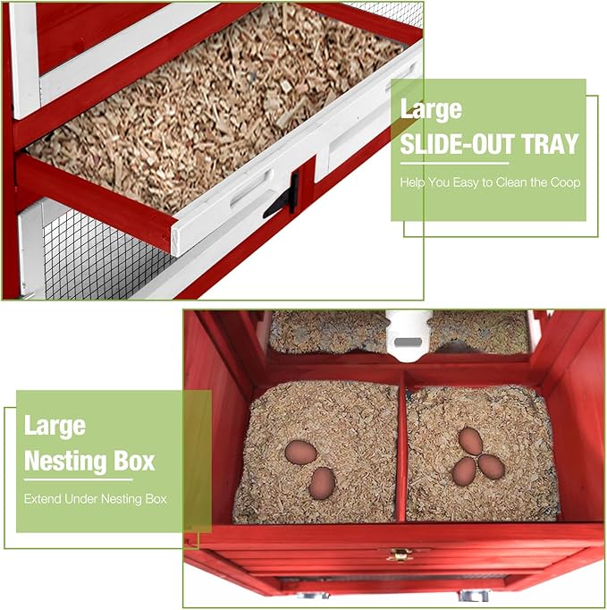 GUTINNEEN Chicken Coop Mobile Chicken House with Wheels Expandable Wooden Hen House 80.7" Outdoor Rabbit Hutch Movable with Large Nesting Box for 2-4 Chickens (Red)