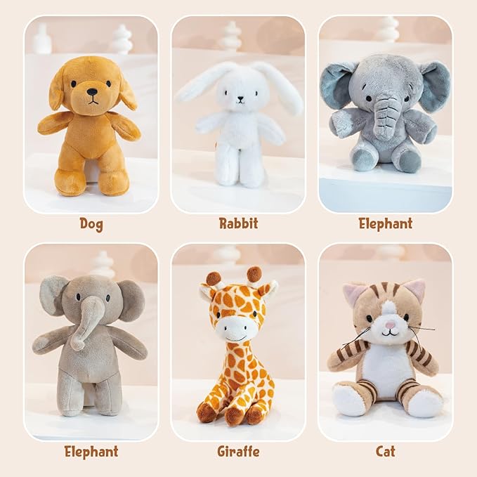 6 Pcs Stuffed Animals Bulk, 8 Inch Jungle Animals Stuffed Toys, Zoo Stuffed Animals Set, Small Stuffed Safari Animals, Cat Dog Elephants Giraffe Bunny for Party Animal Themed