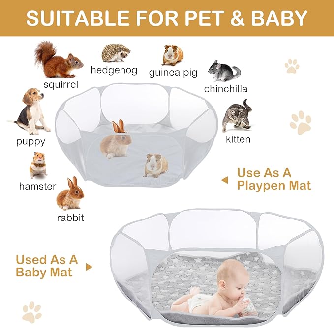 Hamster Playpen with Mat Small Animal Cage Tent Breathable Transparent Guinea Pig Playpen Waterproof Portable Yard Fence Mat Foldable Exercise Playpen Outdoor Indoor (Gray,Star)
