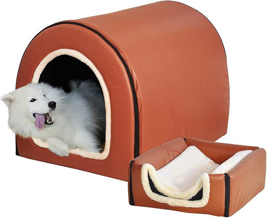 Dog Bed,2 Ways to Use,Indoor Pet House with Fluffy Mat,Removable and Washable Cover,Splash-Proof House and Non-Slip Bottom,for Large Dogs(2XL Brown Faux Leather)