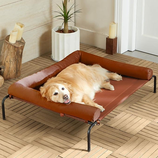 Cooling Elevated Dog Bed for Large Dogs – Waterproof Raised Dog Cot with Slope Headrest, Breathable Teslin Mesh, Durable & Portable Pet Bed for Indoor and Outdoor Use, Caramel