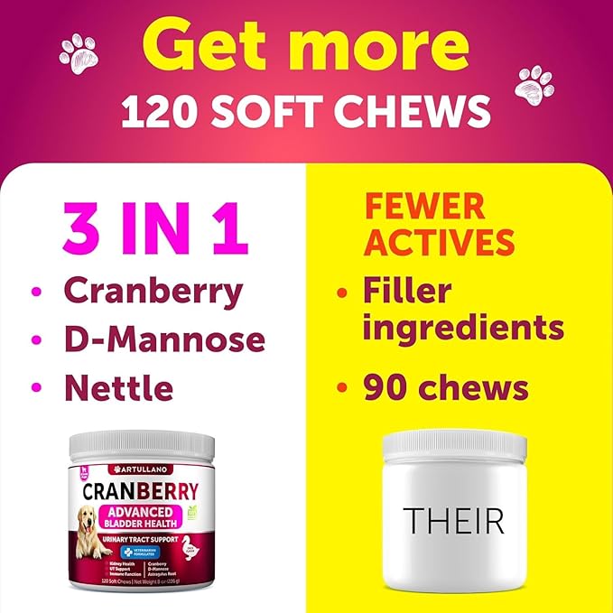 Dog UTI Treatment - Cranberry Supplement & Bladder Control for Dogs - Urinary Tract Infection Incontinence Pill, Bladder Stones - UTI Medicine Treats - 120 Soft Chews for Kidney Support with Fish Oil