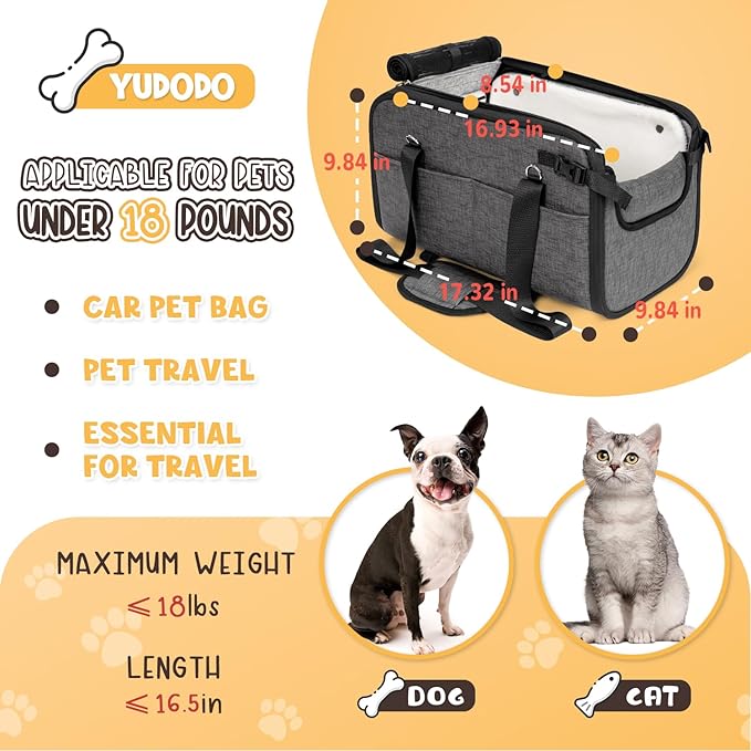 YUDODO 18lbs Dog Car Seat (Width >9in) for Small Dog Large Center Console with Removable Velvet Cushion Luxury Puppy Cat Travel Portable Booster Seat Anti-Slip Pet Car Bed Carseat PU Leather Gray