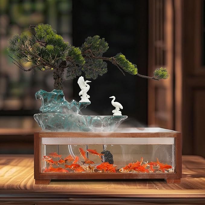 Antique-Style Tabletop Water Fountain with Fish Tank & Atomizer - Desktop Decor with Crane Statues, Simulated Pine, LED Light & Feng Shui Symbolism for Indoor Home/Office Decoration