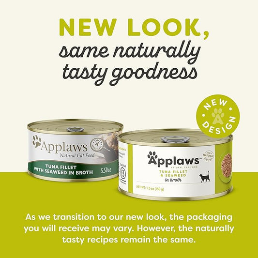 Applaws Natural Wet Cat Food, 24 Count, Limited Ingredient Canned Wet Cat Food, Tuna Fillet with Seaweed in Broth, 5.5oz Cans