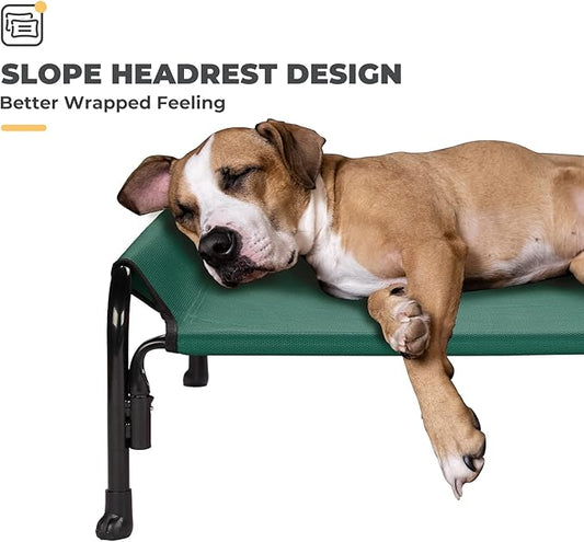 Veehoo Elevated Dog Bed, Outdoor Raised Dog Cots Bed for Large Dogs, Cooling Camping Elevated Pet Bed with Slope Headrest for Indoor and Outdoor, Washable Breathable, X-Large, Green, CWC2204
