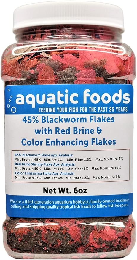 Aquatic Foods Inc. 45% Blackworm & Red Brine Shrimp & Color Flake Mix for Cichlids, Discus, for All Community Tropical Fish. Aquatic Foods/Zeigler Flakes …6oz Med Jar