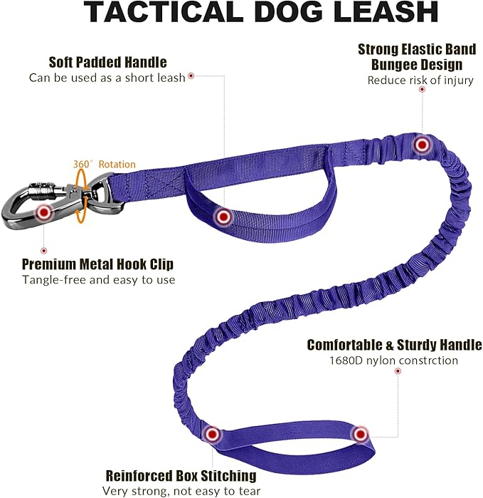 Tactical Dog Collar and Bungee Leash Set, Adjustable Military Training Nylon Dog Collar with Controll Handle and Heavy Metal Buckle，with USA American Flag, Patches and Airtags Case (Purple, XL)