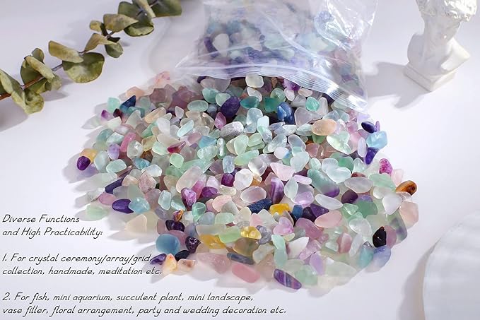 QINJIEJIE 2lbs Fluorite Crystals Aquarium Gravel Stones Tumbled Stone Polished Rocks Colorful Crushed Reiki Healing Crystal Quartz Home Decor Betta Fish Tank Succulent Vase Filler Landscape Ornament
