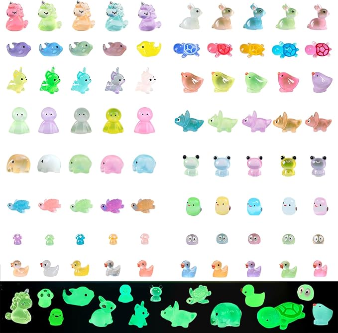 80PCS Luminous Mini Resin Animals Tiny Glow in The Dark Miniature Accessories Ducks Figures Variety Pack for DIY Micro Landscape Aquarium Dollhouse Garden Decoration