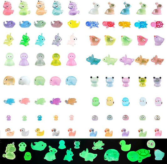 80PCS Luminous Mini Resin Animals Tiny Glow in The Dark Miniature Accessories Ducks Figures Variety Pack for DIY Micro Landscape Aquarium Dollhouse Garden Decoration