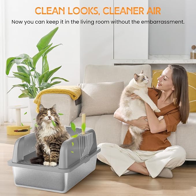 Stainless Steel Cat Litter Box with Lid, Cat Metal Litter Box with High Sides, 24"L x 16"W x 12"H, Extra Large Enclosed Litter Pan, Grey, 2PC (Non-Sticky, Easy to Clean, Anti-Urine Leakage)