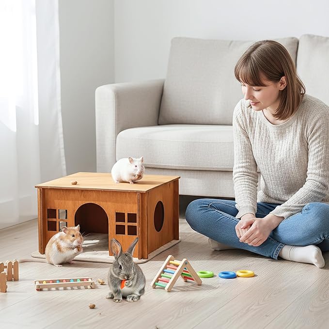 Upgraded Guinea Pig Hideout, Brown Chinchilla House with Windows, Hamster Cage Accessories for Small Animal Houses & Habitats, Wood Hamster Hideout with Cushion, Guinea Pig House for Rabbit, Hedgehog
