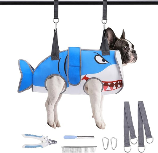 Dog Grooming Hammock for Small Dogs Cats, Cute Shark Design Dog Hanging Harness for Nail Trimming/Clipping, Pet Sling with Grooming Kit and Thick Neck Support & Strap Restraint Claw Care, S