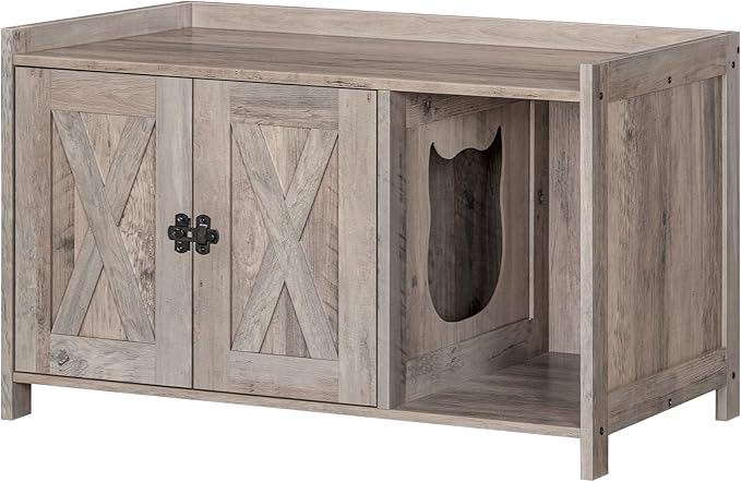Cat Litter Box Enclosure, Hidden Litter Box Furniture with Divider, Indoor Cat House, Wooden Washroom Storage Cabinet Bench, as End Table, for Living Room, Bedroom, Greige CWHG2501Z
