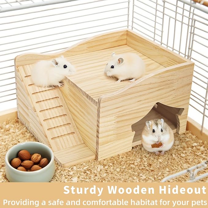 Wood Hamster House, Guinea Pigs Hideout Castle with Stairs and Window, Small Animals Bed Hut Habitats, Ideal for Chinchillas Dwarf Mice Gerbils Playing Hiding, No Installation Required