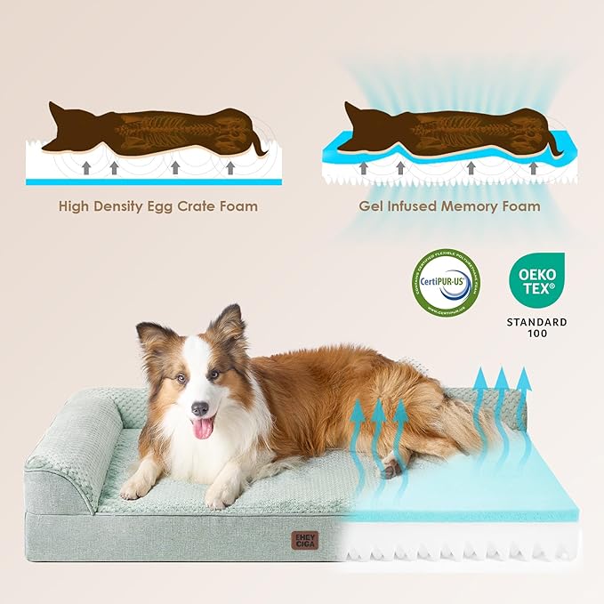 EHEYCIGA Memory Foam Dog Bed XLarge Sized Dogs, Extra Large Dog Bed Orthopedic with Washable Removable Cover, Waterproof XL Pet Bed Couch, 44x33x6 Inches, Greyish Green