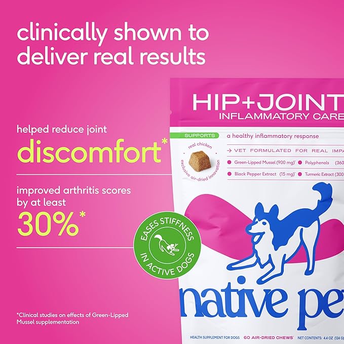 Native Pet Pain Relief for Dogs - Collagen for Dogs Promotes Joint Health, Reduce Inflammation & Stiffness - Senior Pup Joint Supplement - Natural Pain Reliever for Active & Aging Pets - 60 Chews
