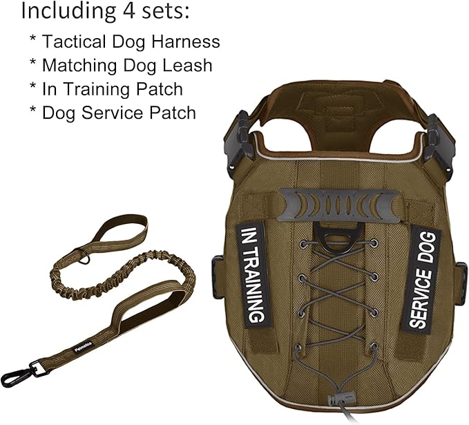 Petmolico Tactical Dog Harness with Leash, No Pull Dog Harness with Hook and Loop Panels for Hiking Training Military Service Dog Harness with Patches for Medium Dogs, Brown M