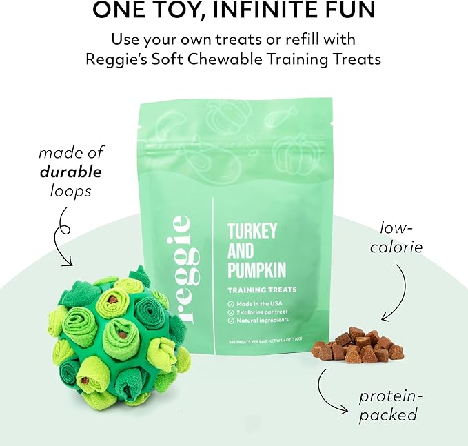 Reggie Forager Ball & Training Treats for Dogs | Enrichment Toy + Healthy Turkey & Pumpkin Training Treats | Reduces Boredom, Stress & Hyperactivity | Low-Calorie, Protein-Packed | 340 Treats