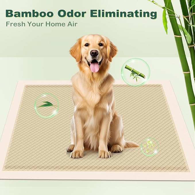 MIZOK Dog Pee Pads Extra Large 28×34in Bamboo Puppy Pads Odor Eliminating Pee Pads for Dogs Super Absorbent Leak-Proof Training Pads with Adhesive Tabs, Disposable (40 Counts)