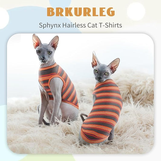 BRKURLEG Sphynx Hairless Cats Shirt Puppy Clothes Soft Cotton T-Shirts Cute Cats Pajamas Cat Stripes Vest Pet Sweater, Round Collar Vest Kitten Shirts(Red Stripes, L)