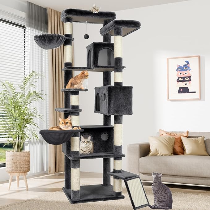 84.6" Multi-Level Tall Cat Tree Tower for Indoor Kitties Larger Cat Condo Furniture with Hammock Cozy Perches Sisal Scratching Posts XXL Pet House (84.6 inch Dark Gray)