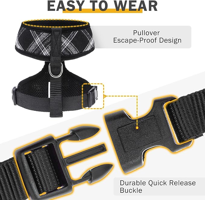 SCENEREAL No Pull Dog Harness Collar and Leash Set Small Medium Sized Dog, Soft Mesh Step in Puppy Harnesses, No Chock Plaid Adjustible Pet Vest for Outdoor Walking Training and Running, Black S
