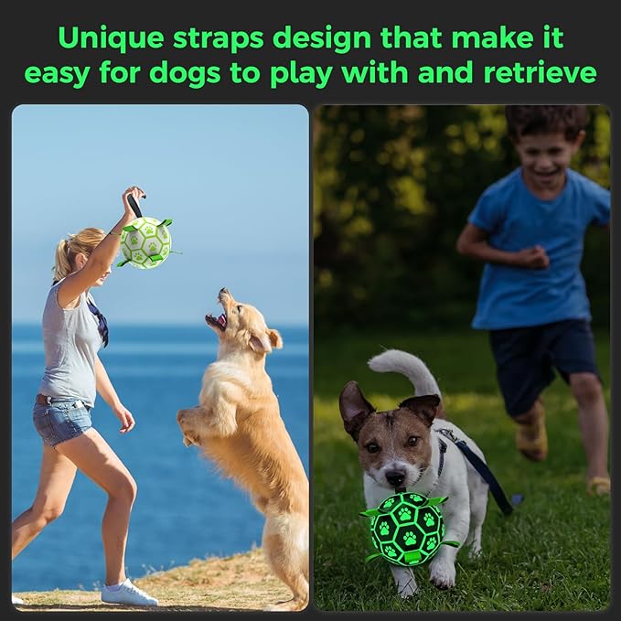 QDAN Premium Glow in The Dark Dog Toys, Dog Ball with Straps, Soccer Ball for Dogs, Outdoor Dog Toys, Pet Birthday Toys, Puppy Essentials for Medium to Large (8Inch)