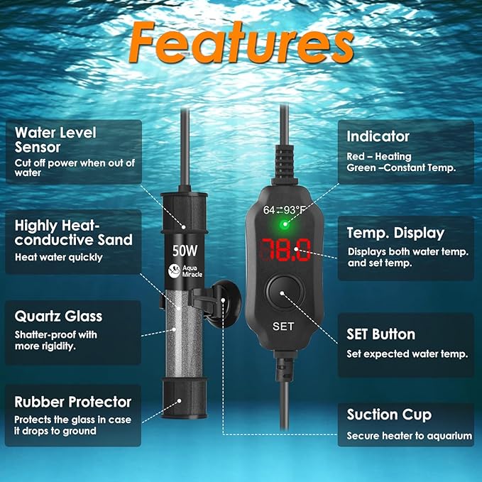 AquaMiralce 50W Aquarium Heater with Compact Size, Submersible Fish Tank Heater with LED Digital Display Thermostat, Adjustable Fish Heater Turtle Heater for 5-10 Gallon Tanks