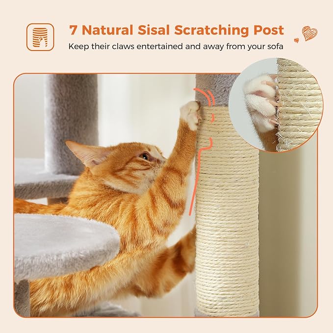 64.5-inch Plush Cat Tree for Indoor Cats with Large Metal Frame Hammock - Multi-Level Cat Tower with 2 Top Perches, 2 Condos, 7 Scratching Posts & Pompoms, Sturdy Pet House Toys, Grey