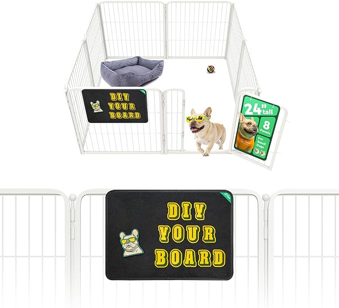 FXW Homeplus Unleashed Indoor Dog Playpen - Stress-Free and Safe Play, Heavy Duty 24 Inch 8 Panels with Magnetic Hook & Loop Patch Board for Puppy and Small Dogs, White│Patented