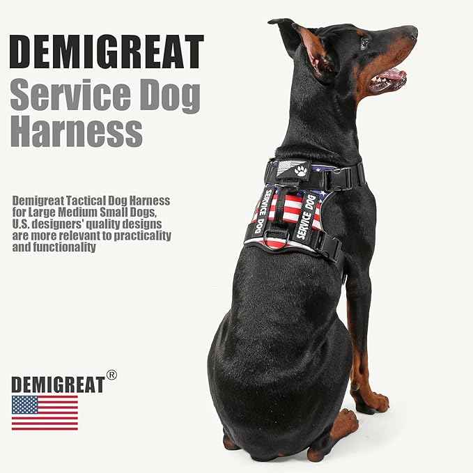 Demigreat Service Dog Harness, Reflective Dog Vest Harness with 5 PCS Patches, Adjustable Soft Oxford Pet Harness, Inner Layer Mesh, Easy to Control for Small Medium Large Dogs