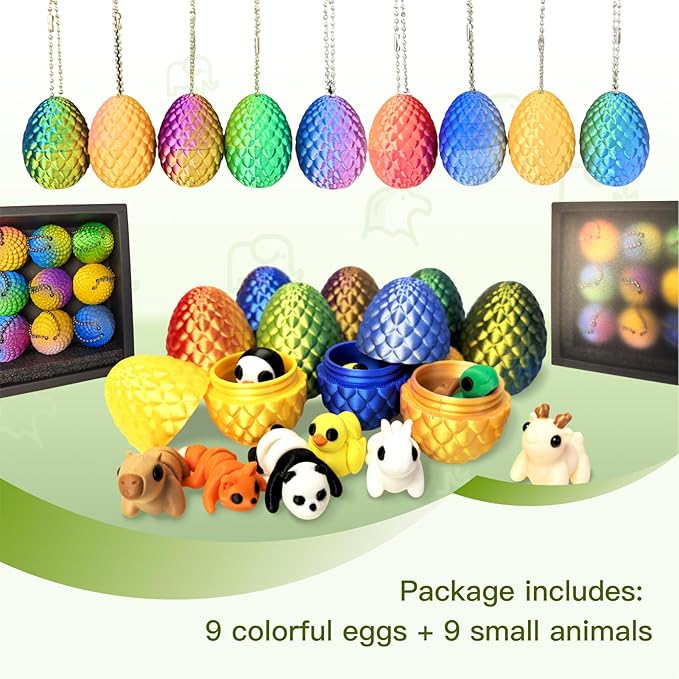 Mini 3D Printed Dragon Egg and 3D Printed Animals，Resin Figurines，Animal Miniature Figurines，Mini Egg Fillers，Teen Carnival Prizes (9pcs Set)
