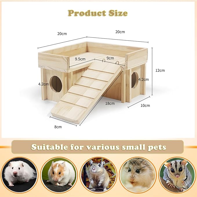 Natural Wood Small Pet Hideout with Climbing Ladder & Multi-Room Maze Sturdy Hamster House for Chinchilla, Sugar Gliders, Dwarf Hamster No Tools Assembly Cage Accessory