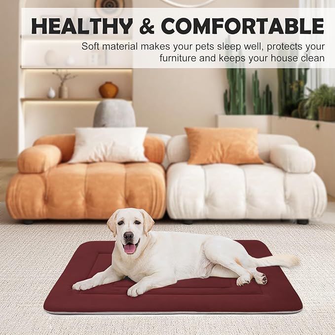 JoicyCo Dog Bed Soft Dog Crate Bed Pad Mat, 42 in Non Slip Bottom Washable Beds for Large Dogs, Pet Bed Mattress Kennel Pad, Dark Red