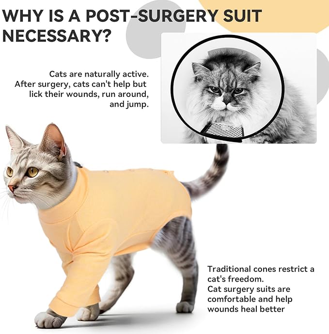T'CHAQUE Cat Surgery Recovery Suit, Anti-Licking Onesie for Post-Spay/Neuter Abdominal Wound, Cat Recovery Suit with Adjustable Drawstring Collar - Long Sleeve Kitten Surgical Onesie, Orange, M