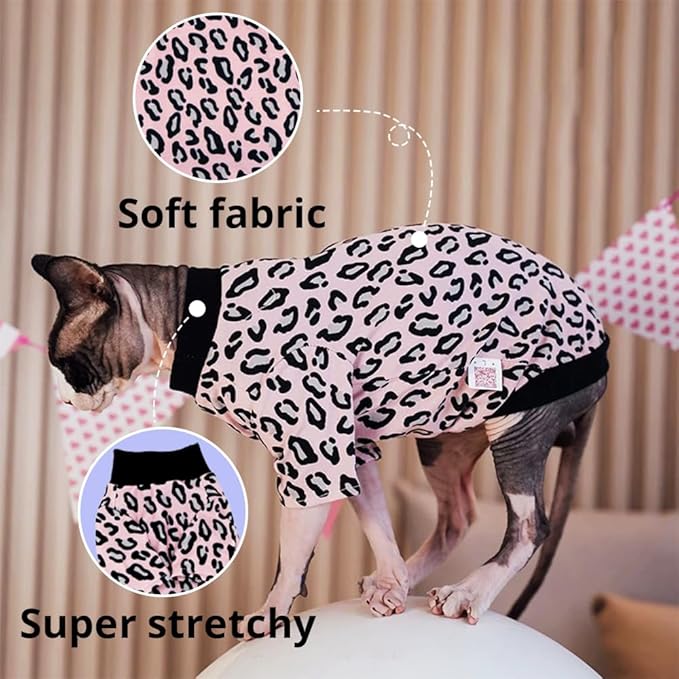 Sphynx Cat Clothes, Hairless Cat Shirt, Soft Stretchy Sweater for Cats, Breathable Cat Daily Outfit, Cat Pullover for Cornish Rex, Devon Rex (Pink Leopard Pattern, L (5-6.5lbs))