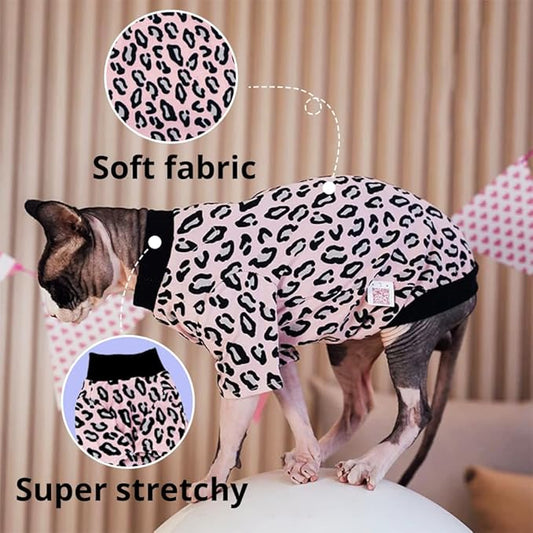 Sphynx Cat Clothes, Hairless Cat Shirt, Soft Stretchy Sweater for Cats, Breathable Cat Daily Outfit, Cat Pullover for Cornish Rex, Devon Rex (Pink Leopard Pattern, XL (6.5-8.5lbs))