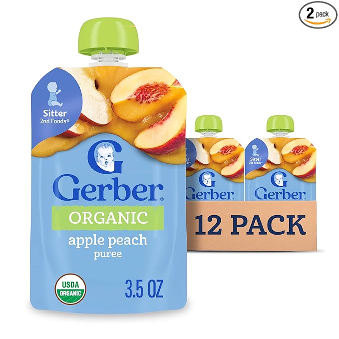 Gerber Stage 2 Baby Food, Organic Apple Peach Puree Pouch, 2 Servings of Fruit, No Added Sweetener, No Artificial Colors or Flavors, 12-Pack