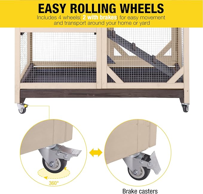 Rabbit Hutch Cage Outdoor and Indoor Bunny Hutch on Wheels with Two Deeper No Leak Trays, Guinea Pig Cages Rabbit House (Coffee Color)