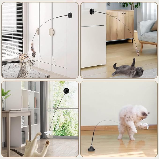 Suction Cup Cat Toys for Indoor Cats,3 in 1 Suction Cup Cat Toy,Interactive Simulation Cat Toy Set Self Play or Handheld,Feathers & Bells,Realistic Toy Mouse and Silvervine Sticks（Black）