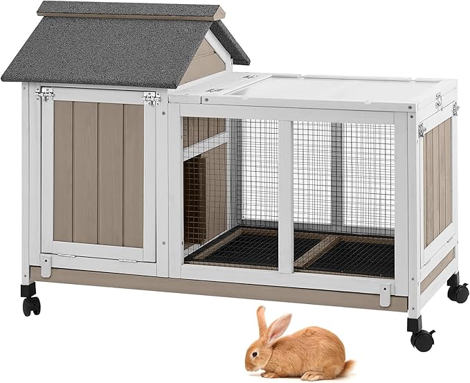 38''L Small Rabbit Hutch Outdoor Indoor with Wheels, Wooden Expandable 2 Story Bunny House Rabbit Cage with Run, Waterproof Roof, Pull Out Tray, Guinea Pig Cage Chicken Coop for Small to Medium Pets