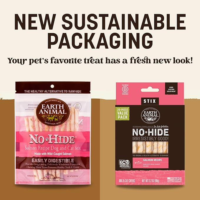 Earth Animal No-Hide Stix Salmon Recipe Natural Rawhide Alternative Dog & Cat Chews - 80 Count Extra Value Pack
