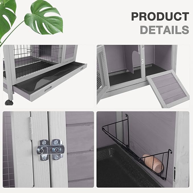 Two-Story Rabbit Hutch with Wheels Guinea Pig Cage Indoor Outdoor Bunny Cage with 2 Deep Leakproof Tray